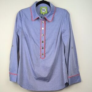Elizabeth Mckay Cotton Chambray Popover Blouse Top Roll Tab Sleeve Orange Piping
